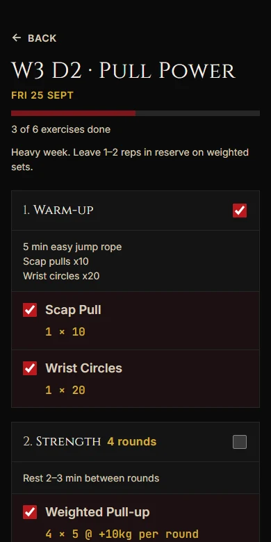 The TripleOneBars app's workout screen: a Pull Power session split into warm-up and a four-round strength routine, each exercise with its sets, reps and rest, three of six ticked off.